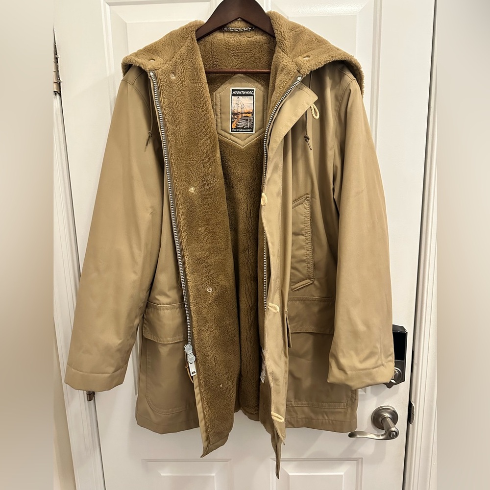 Mighty Mac Coat Jacket Fleece Lined Overcoat with zipped Hood Tan USA Made